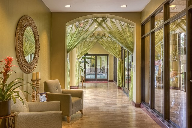 A beautiful waiting space and corridor at a hotel setup