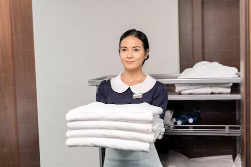 hotel worker holding freshly washed towels to keep in the guest room