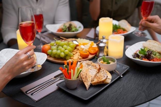 A hotel table filled with healthy food and beverage