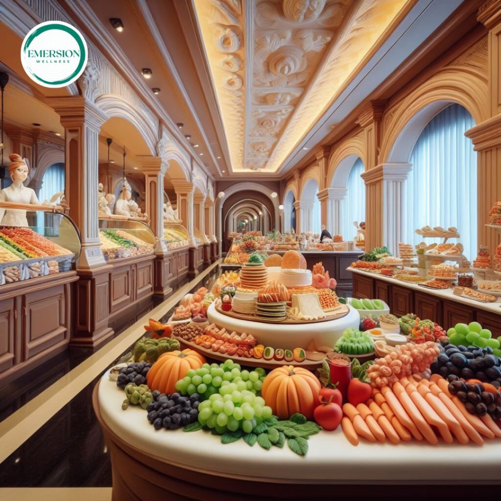 A hotel buffet with several types of fruits and healthy food.